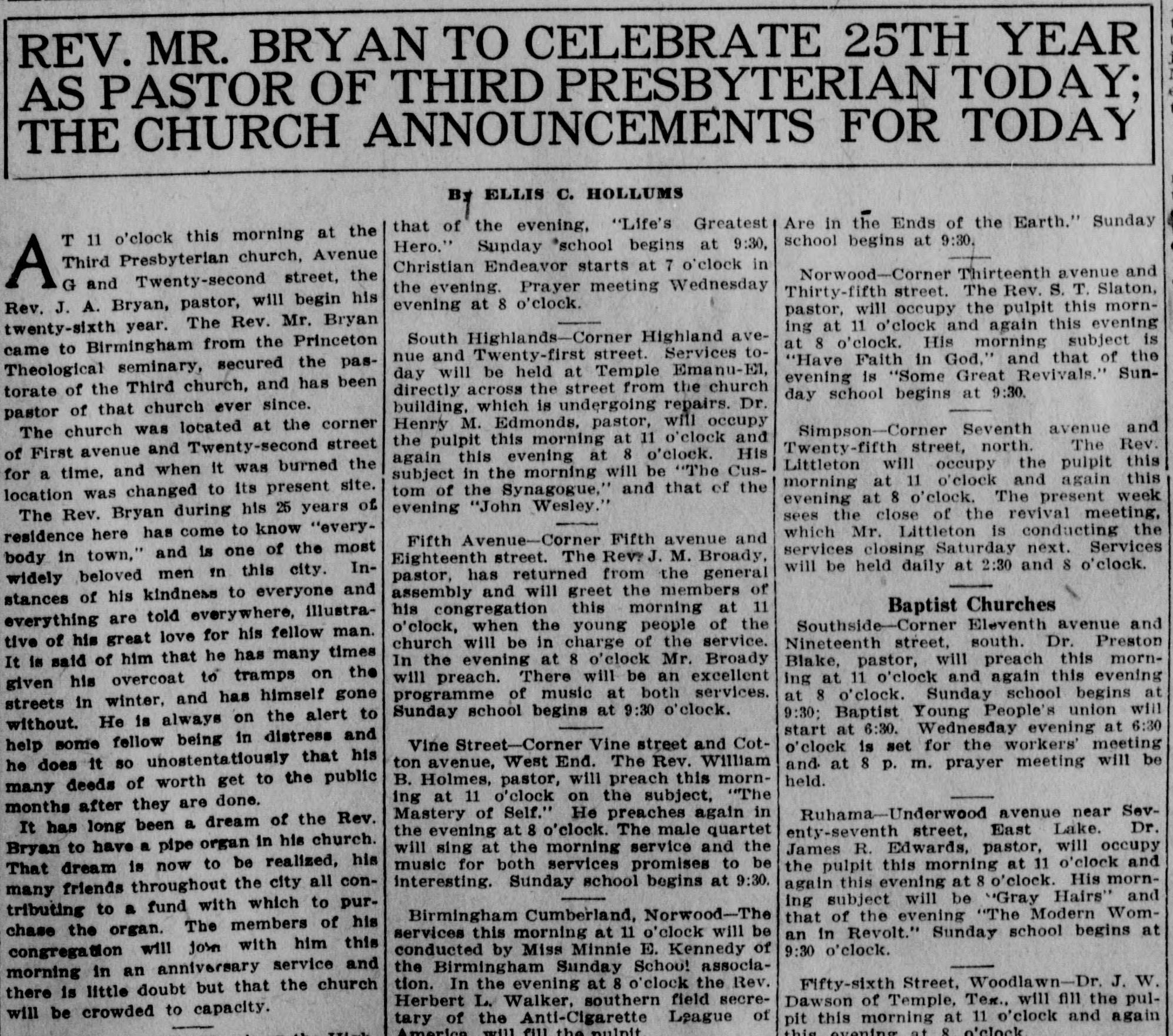 Rev. Mr. Bryan to Celebrate 25th Year As Pastor of Third Presbyerian Today